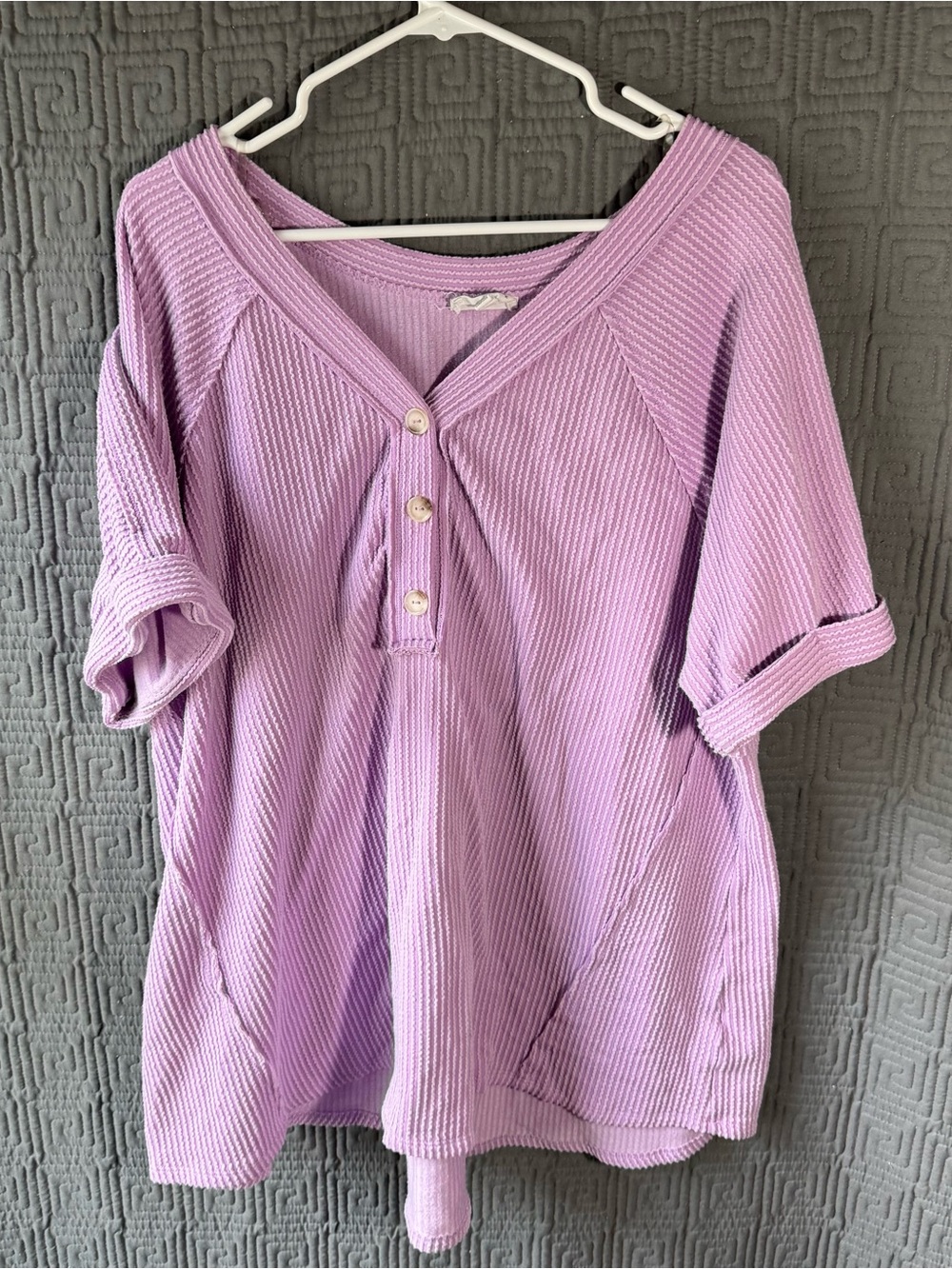 Andree by Unit Purple Ribbed Henley Top Womens 2X Plus Short Sleeve V-Neck